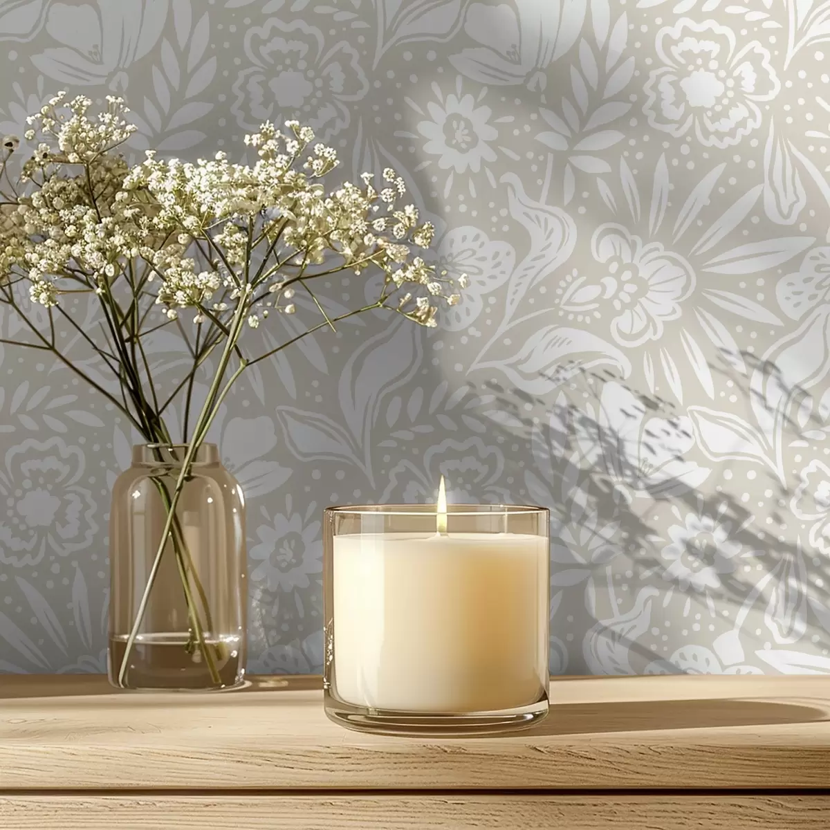 Papel de parede Ornamento floral linear branco sobre fundo bege a00956