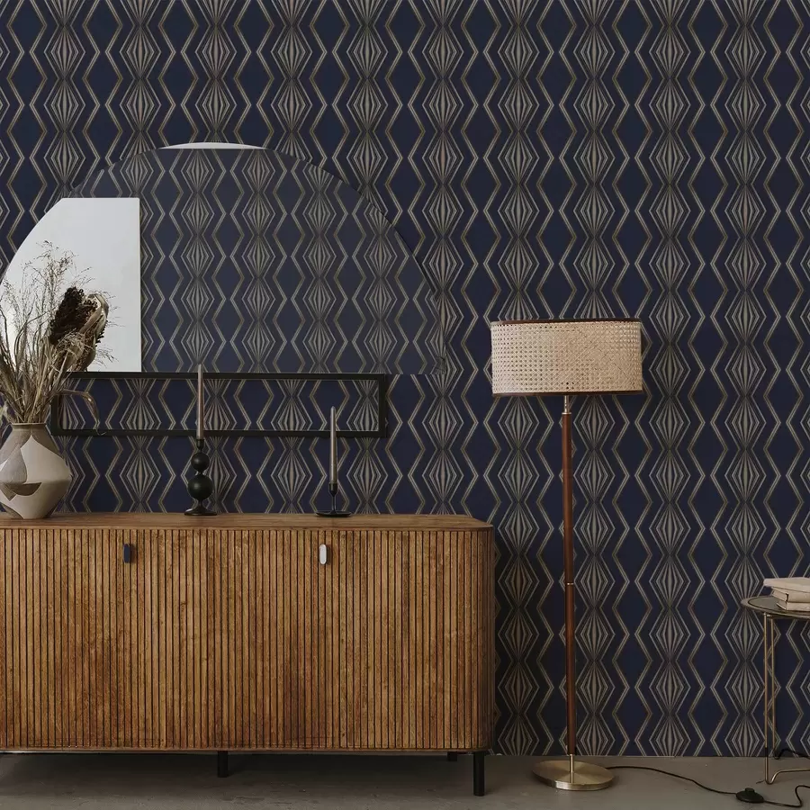 murais de parede Fundo azul escuro com losangos geométricos e ziguezagues a00974v2