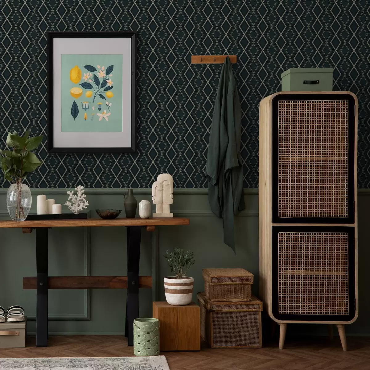 Papel de parede Fundo azul-petróleo escuro com uma grade de losangos repetitiva a00975v1