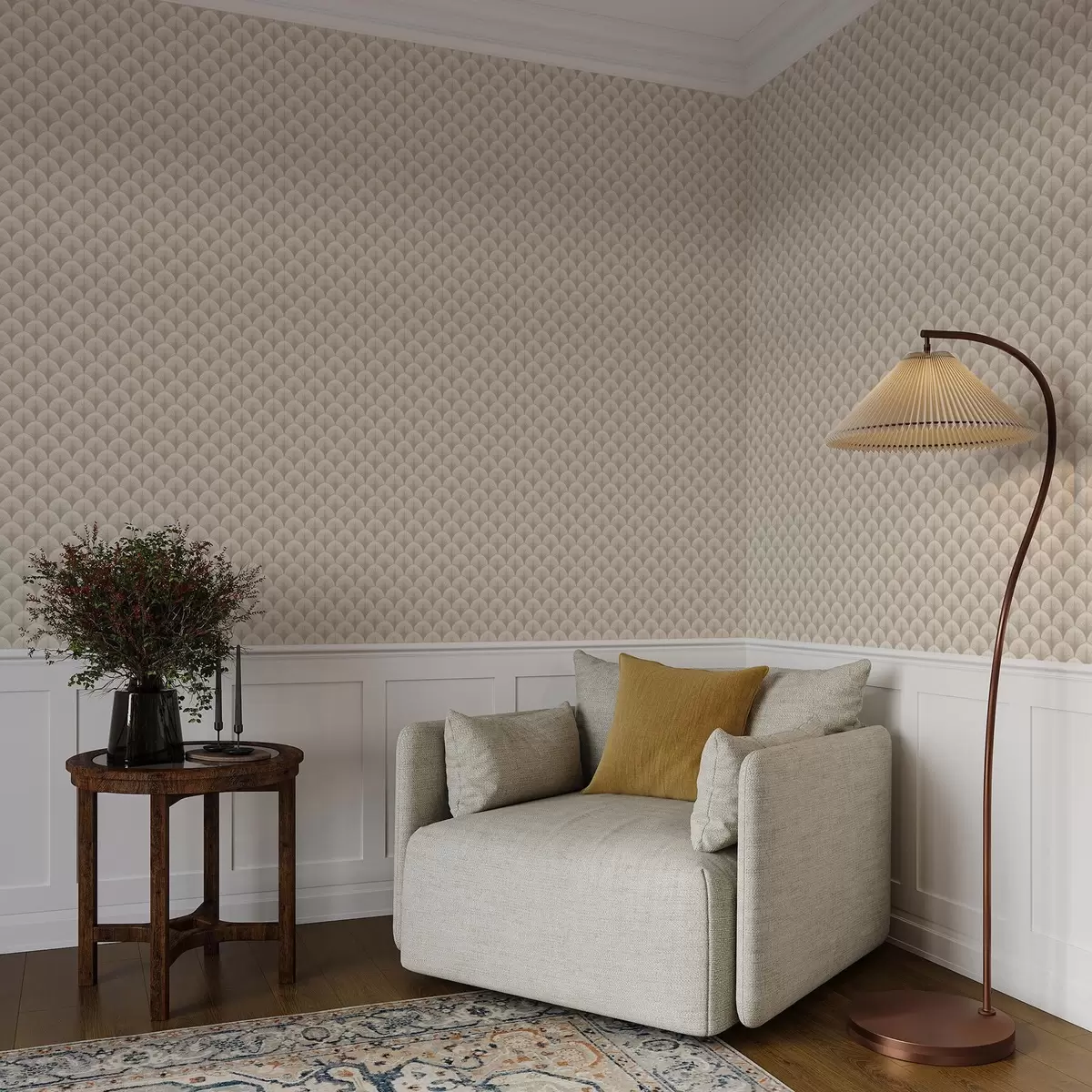 Papel de parede Arcos em tons de bege com raios finos sobre um fundo claro a00978