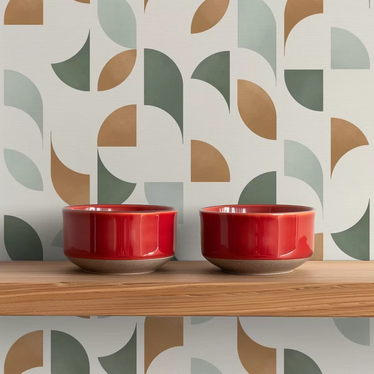 Papel de parede Meios círculos abstratos e folhas em verde e terracota a00985