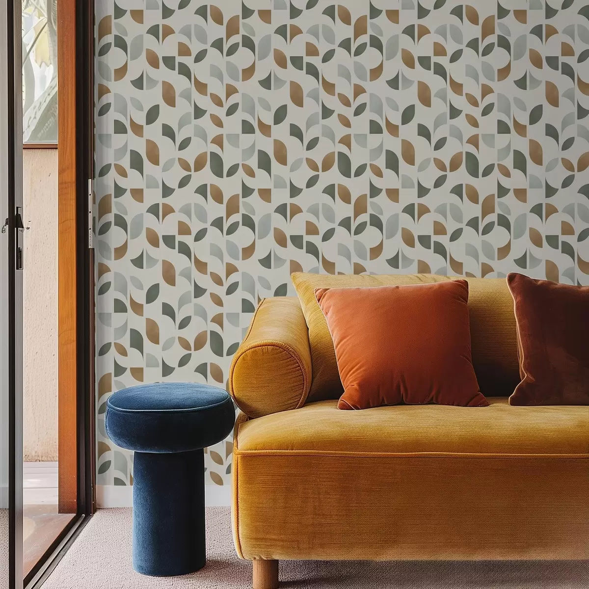 Papel de parede Colunas verticais de semicírculos e folhas, verde-terracota a00986