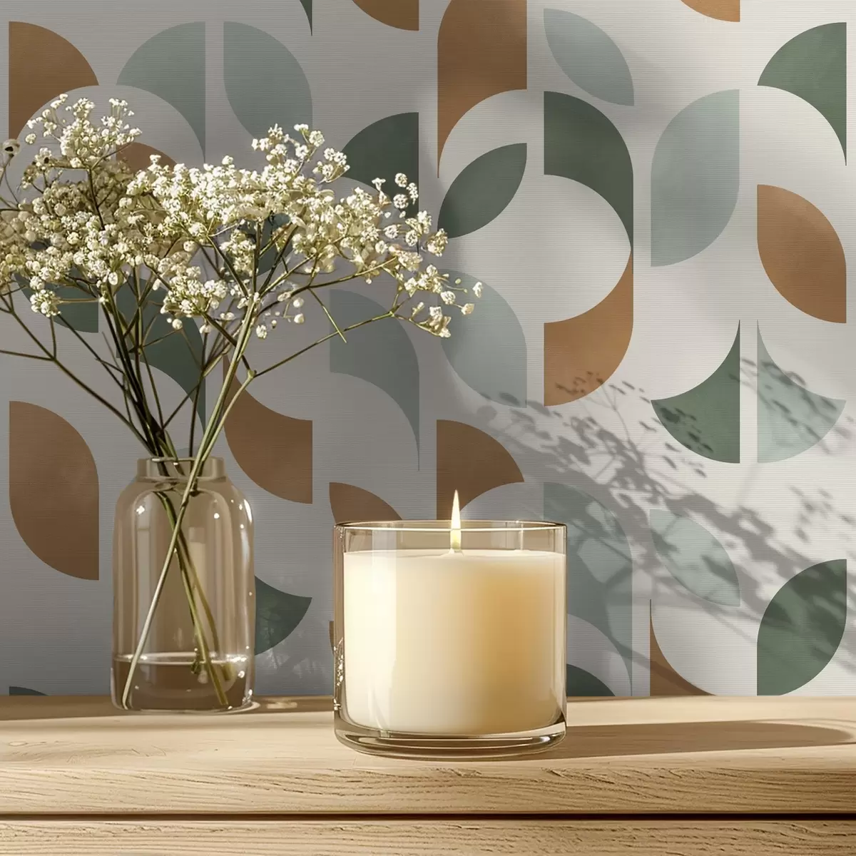 Papel de parede Colunas verticais de semicírculos e folhas, verde-terracota a00986