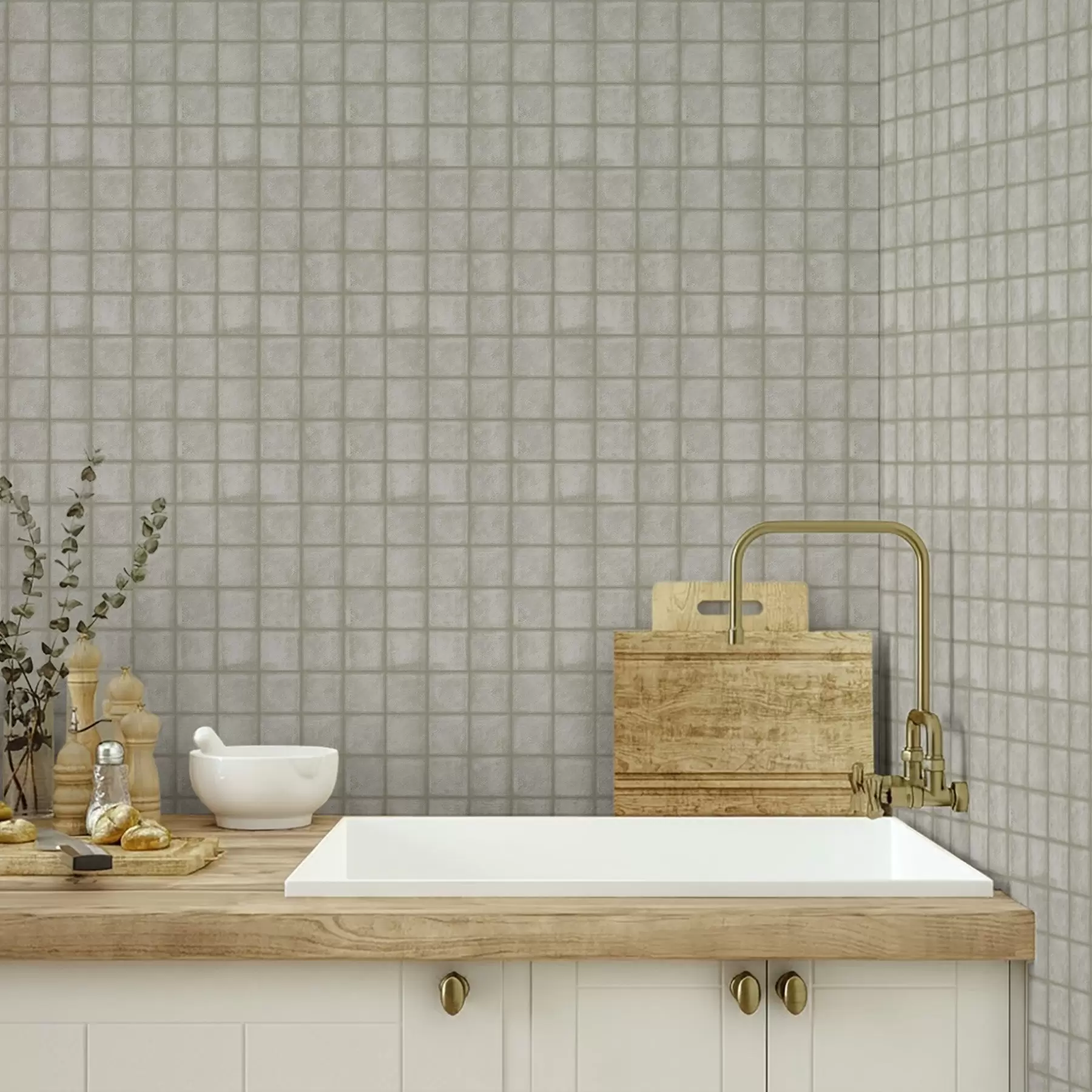 murais de parede Imitação de azulejos quadrados em uma paleta suave de cinza-esverdeado a00988