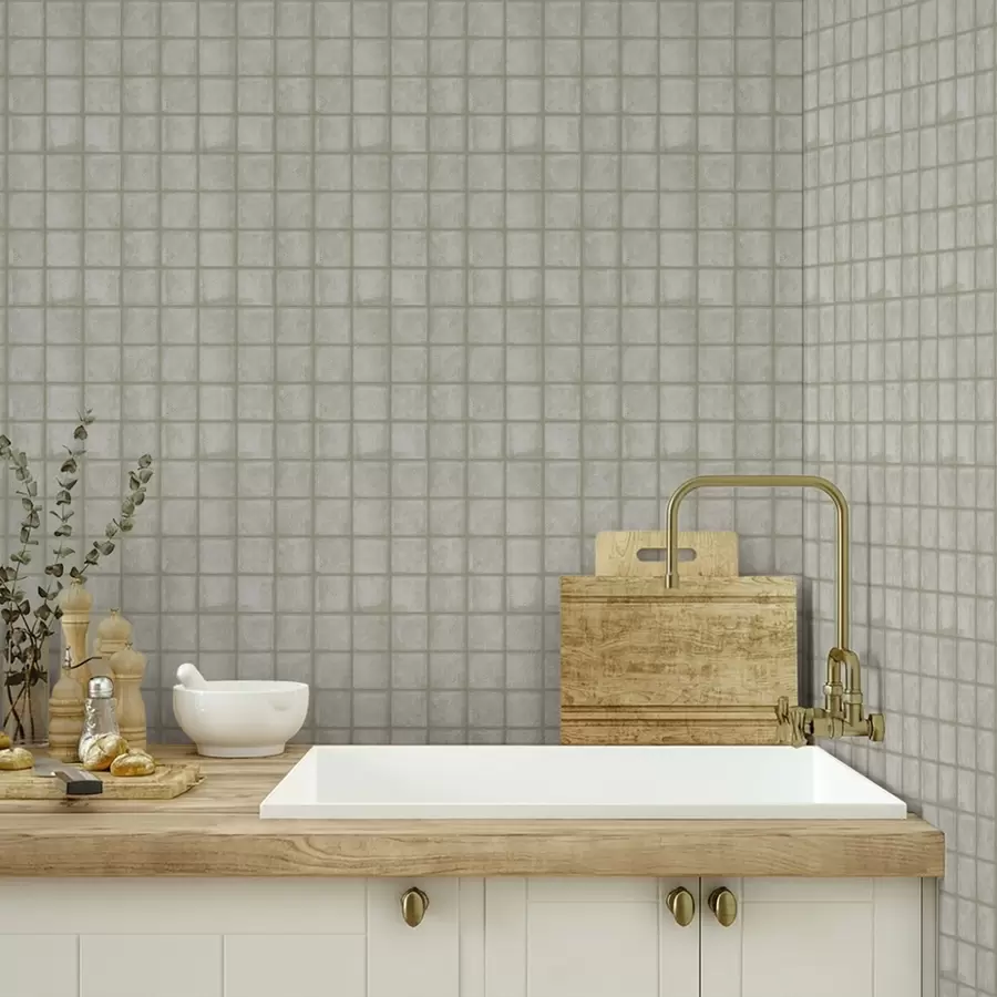 murais de parede Imitação de azulejos quadrados em uma paleta suave de cinza-esverdeado a00988