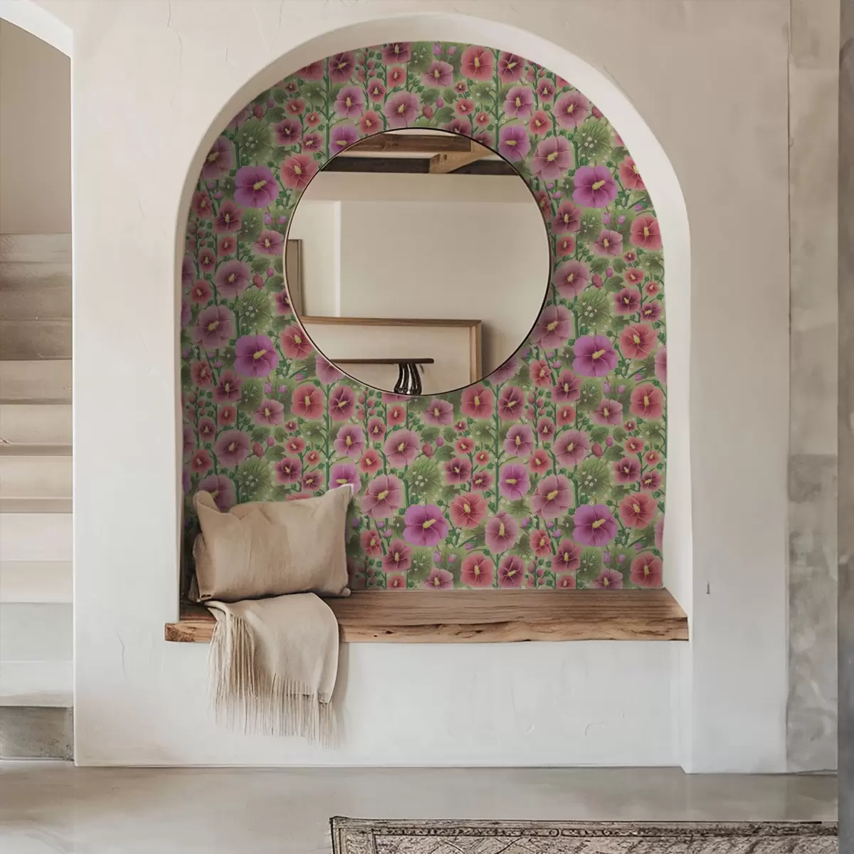 Papel de parede Grandes flores e folhas de hibisco sobre um fundo verde escuro a00993