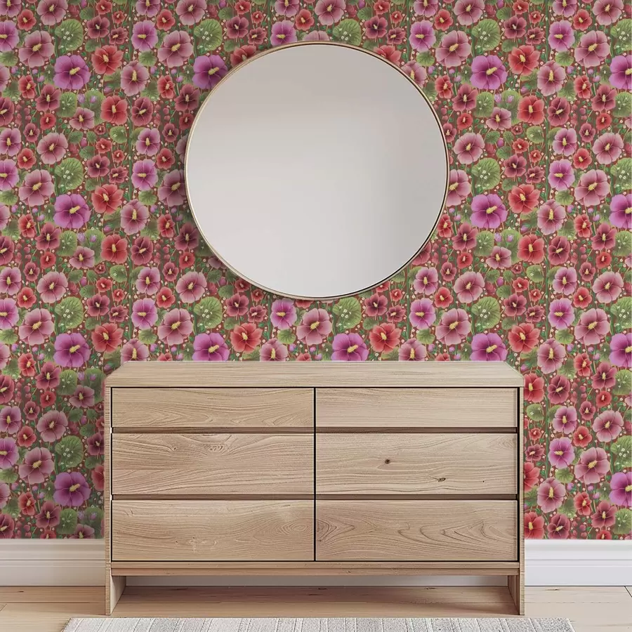 murais de parede Hibiscos em flor sobre um fundo vermelho-acastanhado quente a00993v1