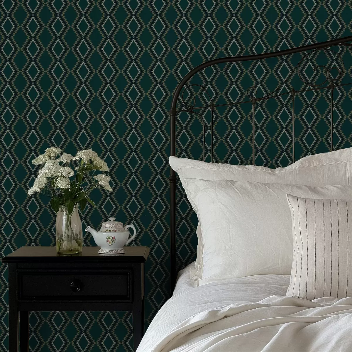 Papel de parede Fundo verde-azulado escuro com fileiras verticais de losangos a00976