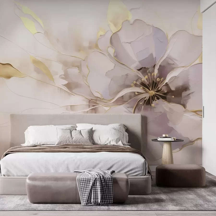 murais de parede Flor azul com detalhes amarelos em estilo abstrato de pincelada w09505