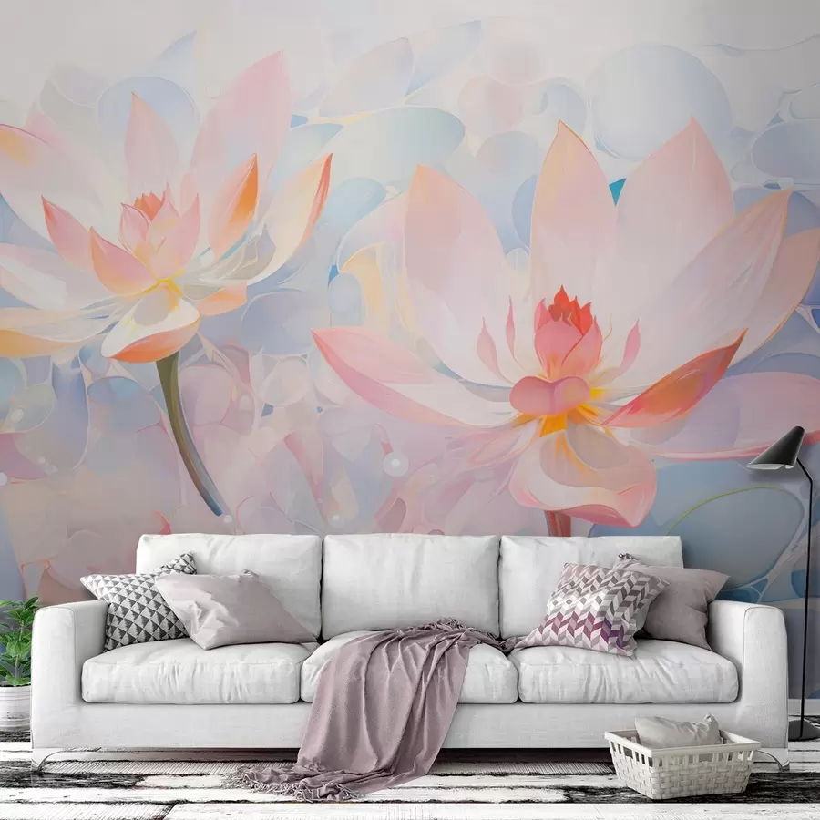 murais de parede Flores de lótus em tons pastéis suaves, em estilo aquarela w09512
