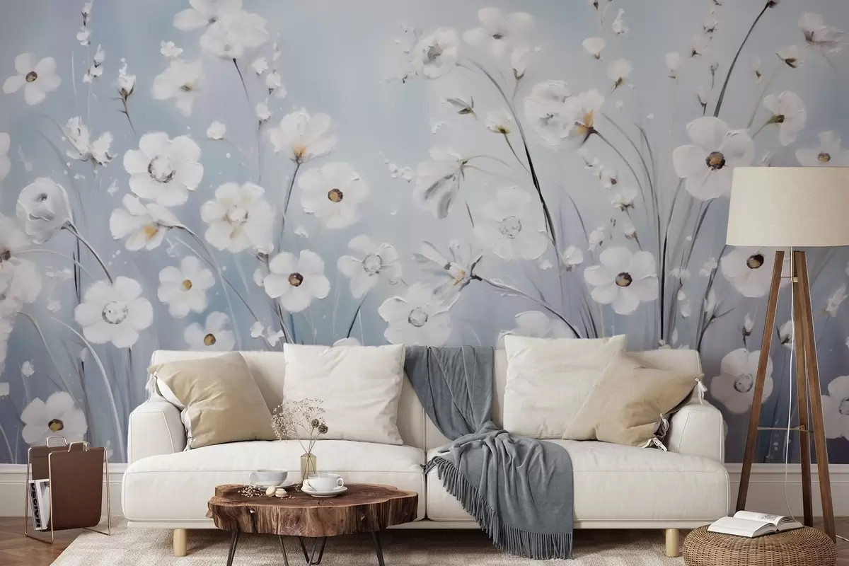 murais de parede Flores brancas contra um céu azul em estilo pintura a óleo w09516