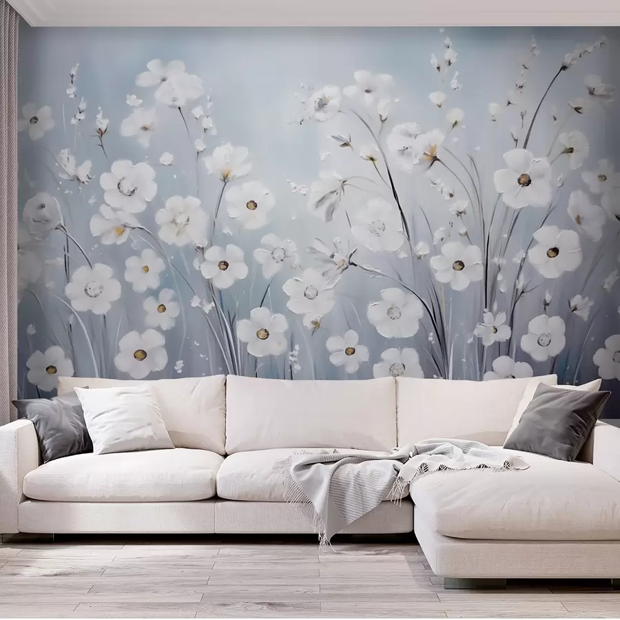 murais de parede Flores brancas contra um céu azul em estilo pintura a óleo w09516