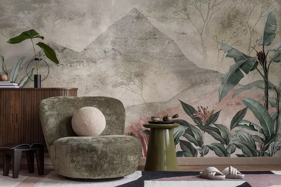 murais de parede Folhas de bananeira em tons pastéis e flores tropicais contra o cenário das montanhas w04933