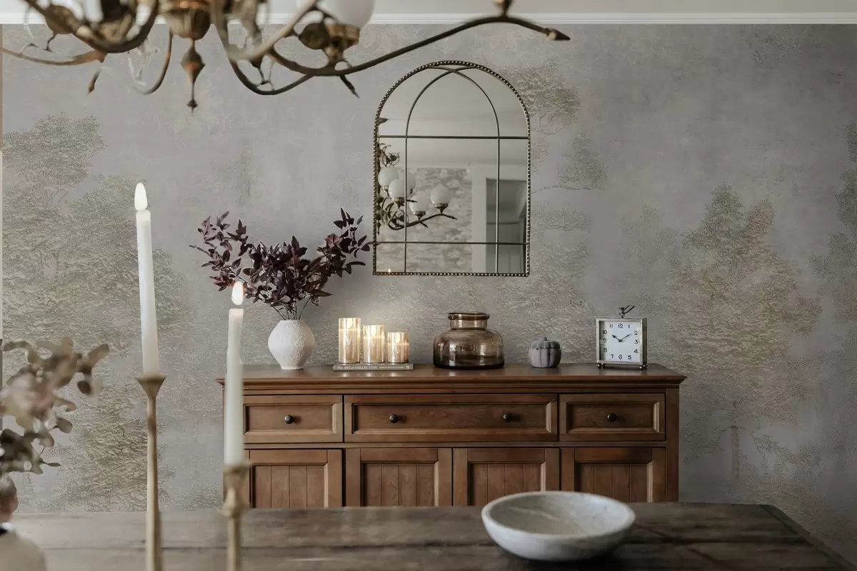 murais de parede Floresta enevoada com uma garça branca e textura suave w04953