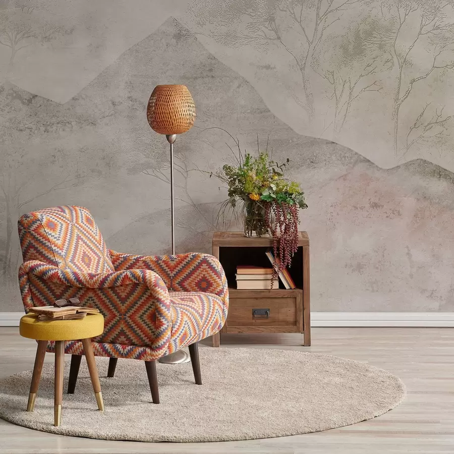 murais de parede Montanhas e árvores em tons pastéis suaves envoltas em uma leve névoa w04954