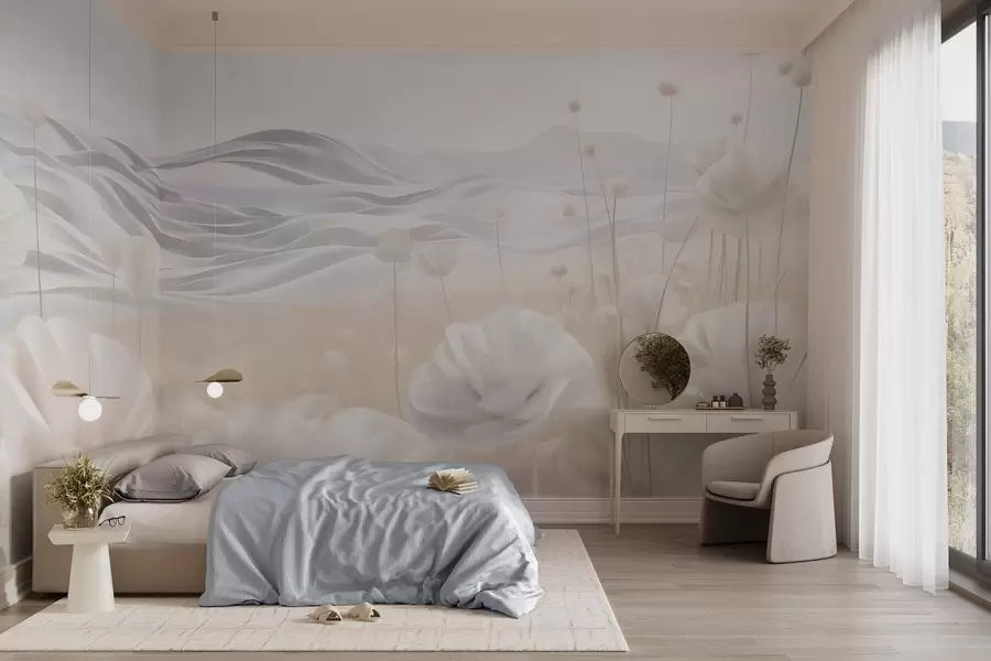 murais de parede Campo texturizado de papoulas cremosas com colinas ondulantes sob um céu azul claro com nuvens suaves, cores pastel w09553