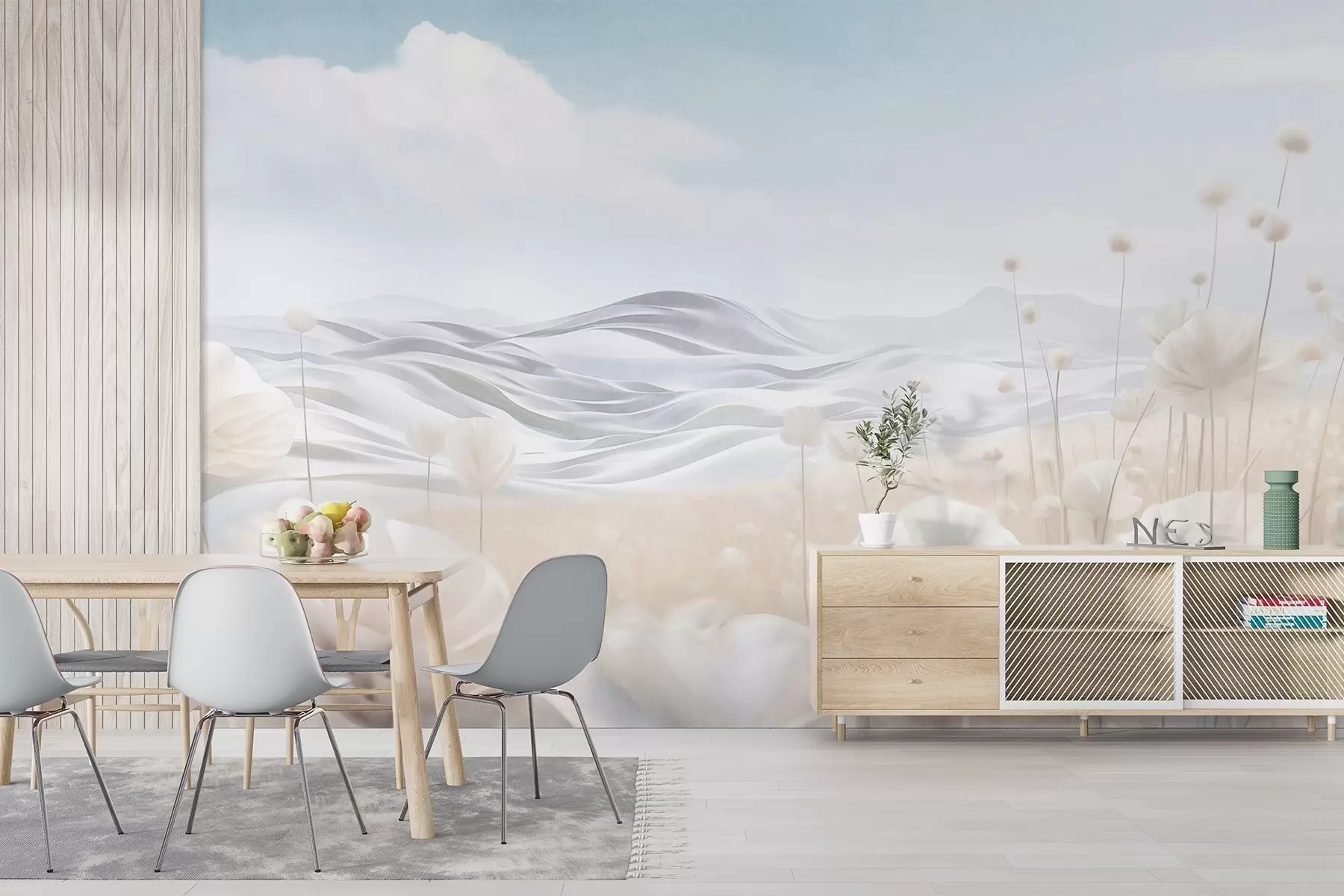 murais de parede Campo texturizado de papoulas cremosas com colinas ondulantes sob um céu azul claro com nuvens suaves, cores pastel w09553