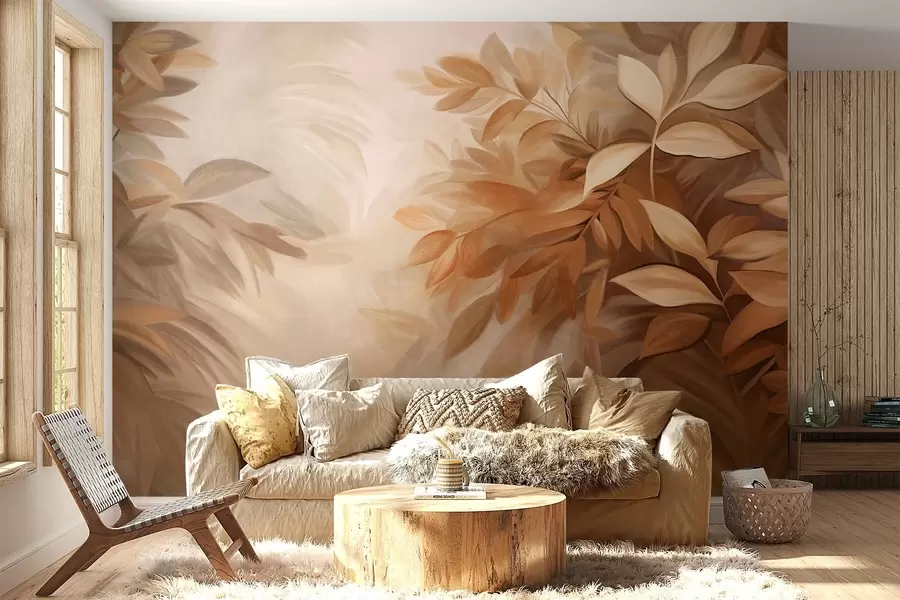 murais de parede Folhas marrons e bege com textura suave e difusa, em estilo pictórico com pinceladas visíveis w09584