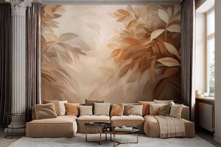 murais de parede Folhas marrons e bege com textura suave e difusa, em estilo pictórico com pinceladas visíveis w09584
