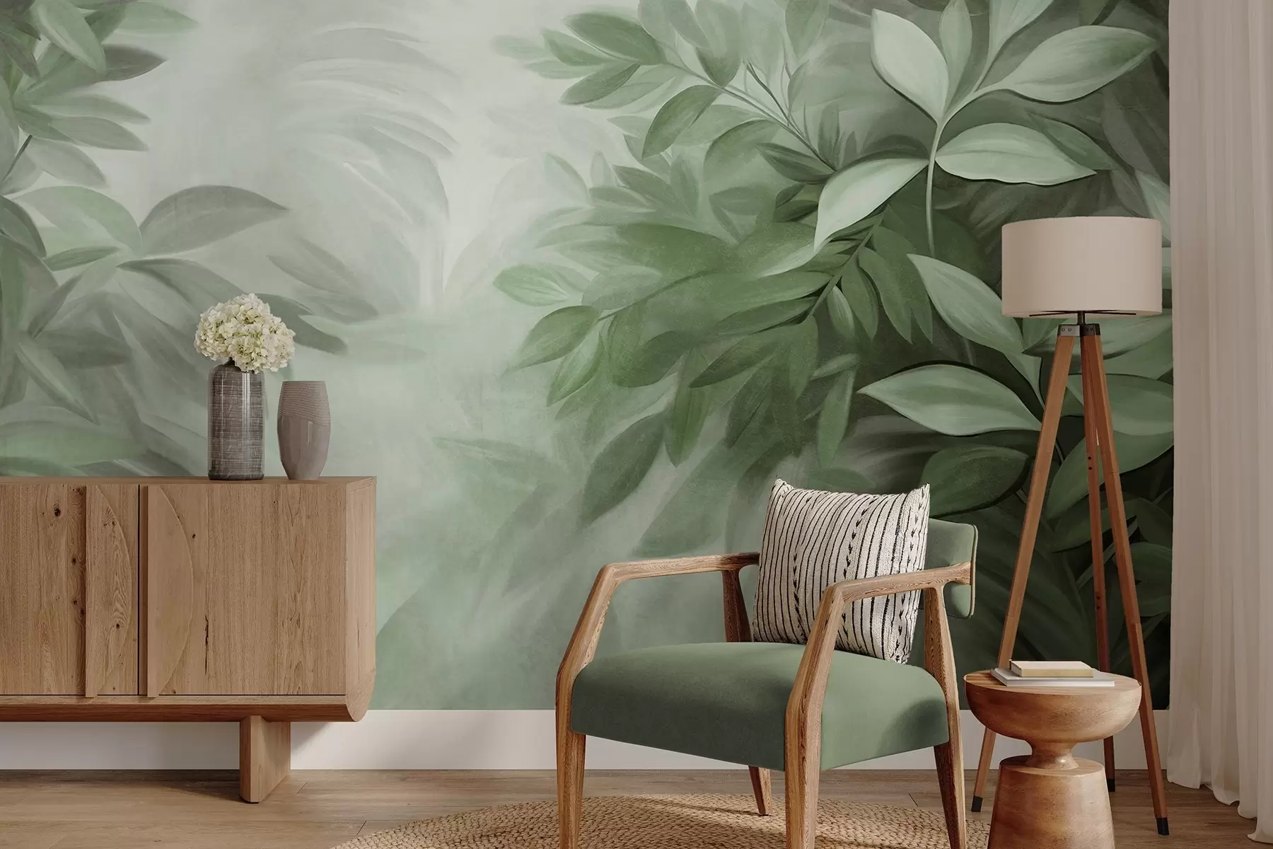 murais de parede Folhas verdes e cinzentas com textura suave e difusa, num estilo pictórico com pinceladas visíveis w09584v1