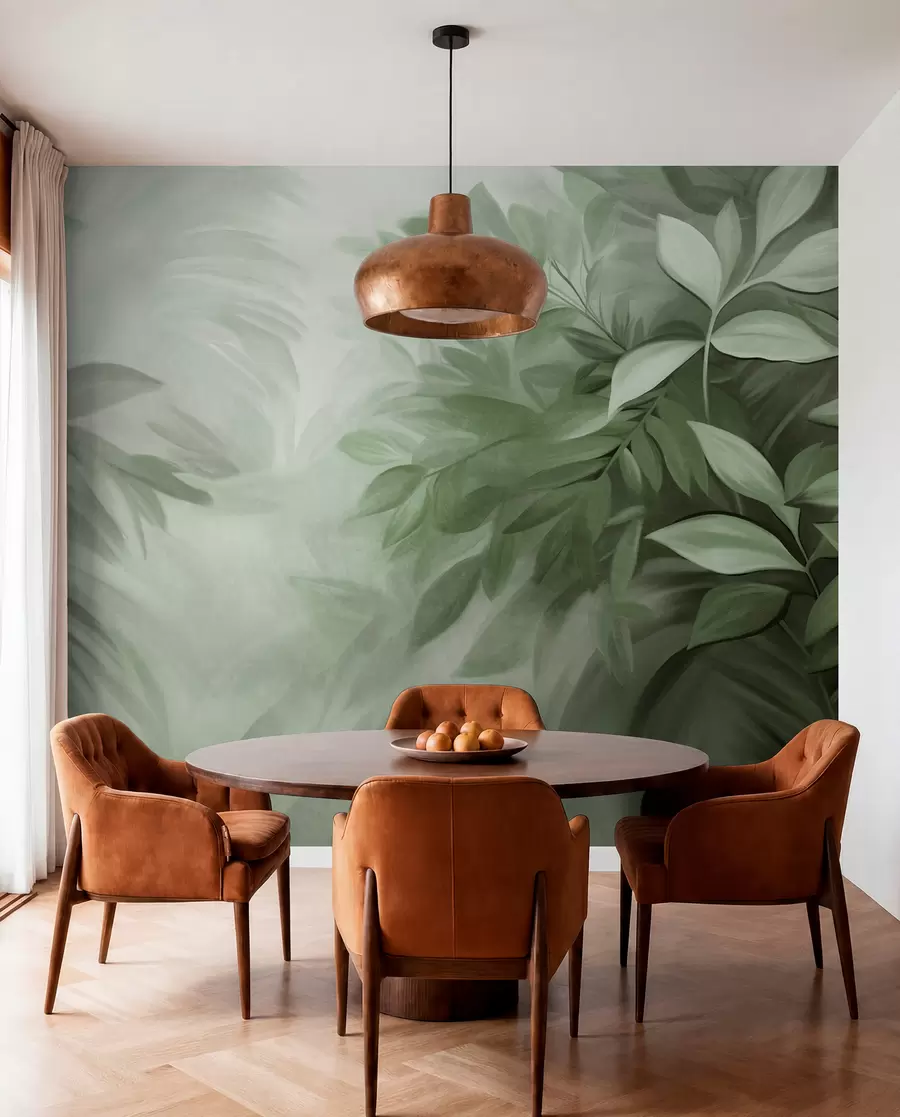 murais de parede Folhas verdes e cinzentas com textura suave e difusa, num estilo pictórico com pinceladas visíveis w09584v1