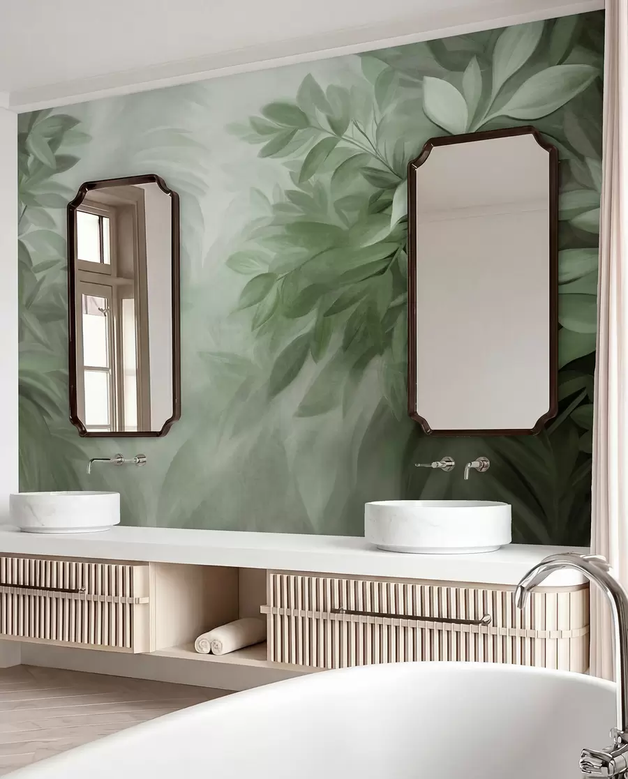 murais de parede Folhas verdes e cinzentas com textura suave e difusa, num estilo pictórico com pinceladas visíveis w09584v1