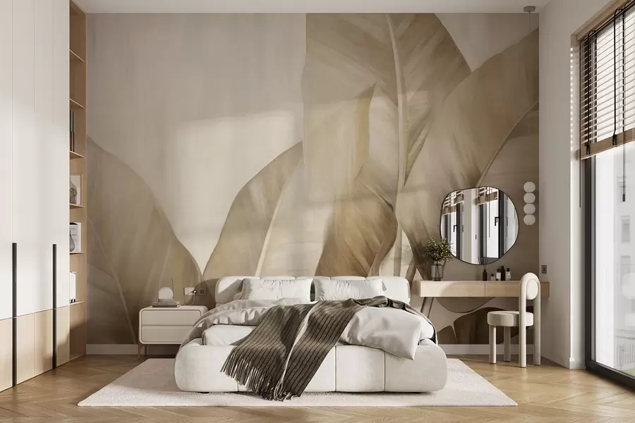 murais de parede Folhas de bananeira grandes e texturizadas, em tom castanho claro, sobre um fundo bege claro, com uma estética suave e minimalista w09586