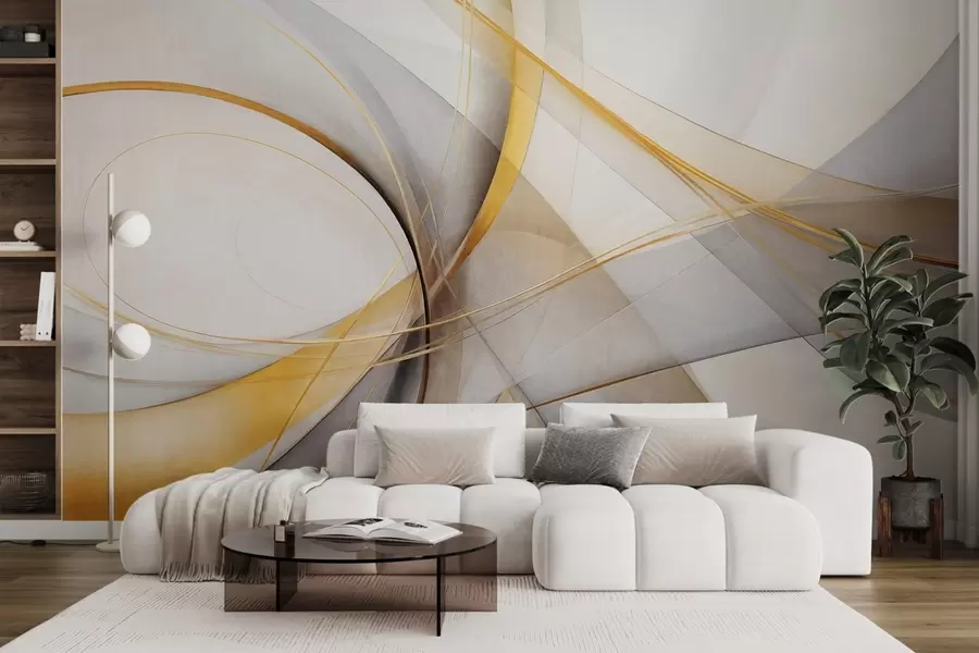 murais de parede Linhas abstratas fluidas em amarelo e branco sobre fundo cinza, com sensação de movimento e profundidade, arte moderna w09587