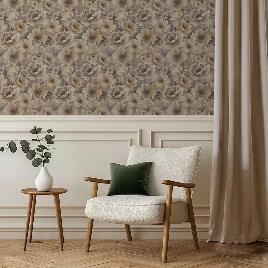 murais de parede Flores bege pictóricas sobre um fundo abstrato esfumado a00884