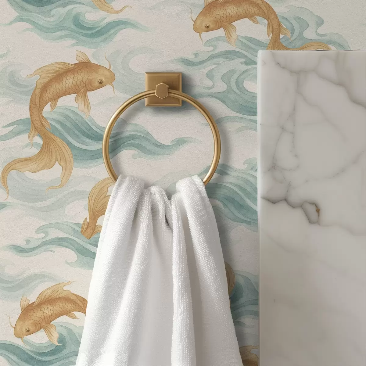 Papel de parede Peixe koi âmbar nadando entre ondas suaves de turquesa a00894