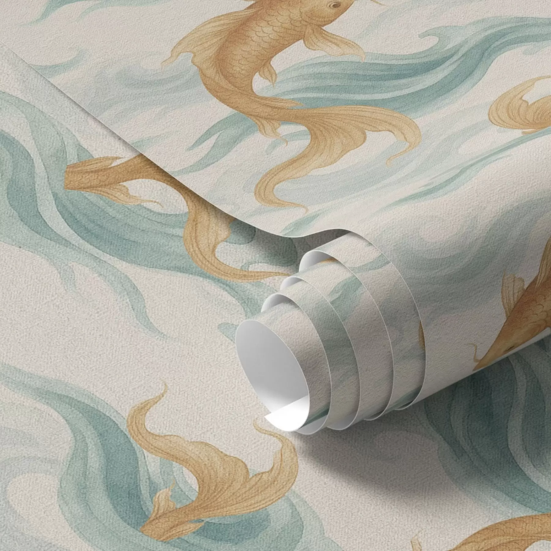 murais de parede Peixe koi âmbar nadando entre ondas suaves de turquesa a00894