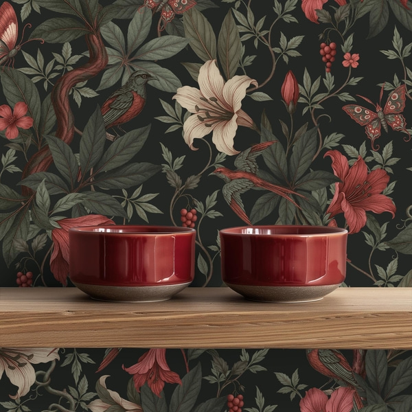 Papel de parede Flores escuras da selva com pássaros e borboletas, Papel De Parede Floral, a00895 : uwalls.com.br