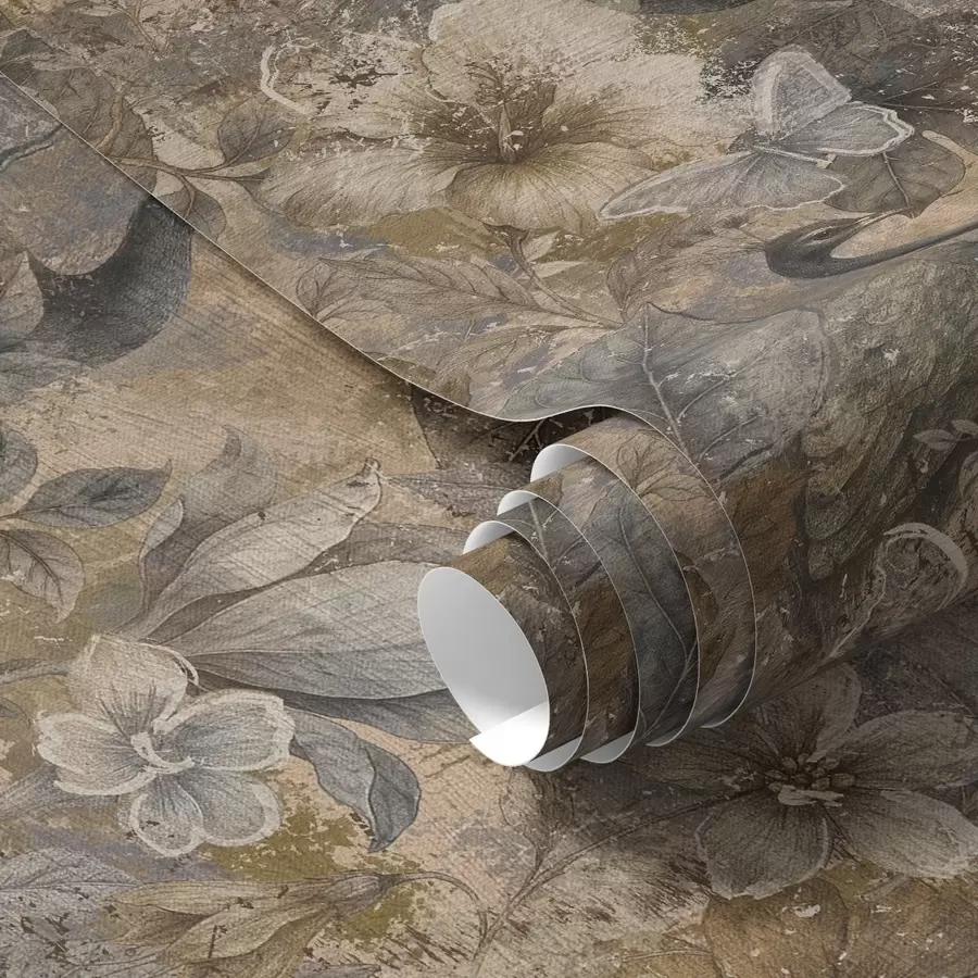 murais de parede Colagem floral envelhecida com pavões e borboletas a00897