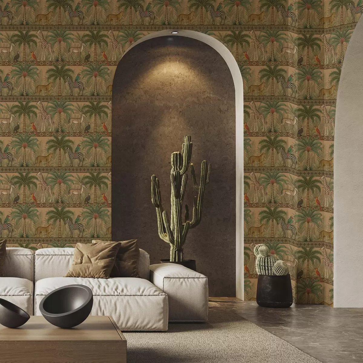 Papel de parede Animais decorativos da savana entre palmeiras e bordas a00898