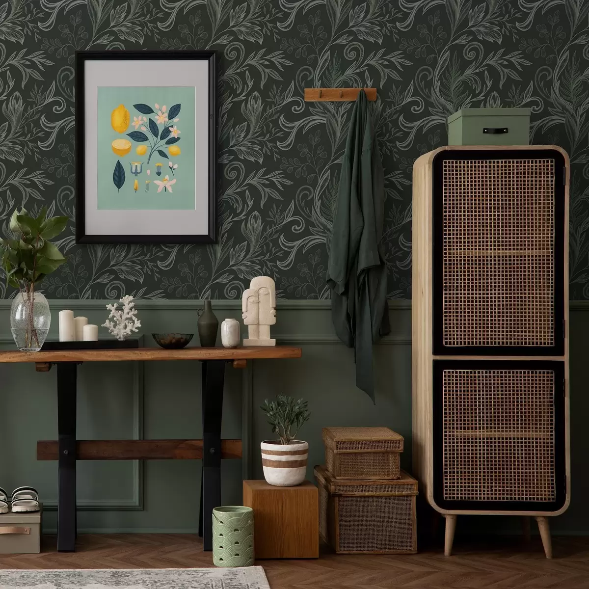 Papel de parede Folhas enroladas da floresta profunda em tons de verde calcário a00935v2