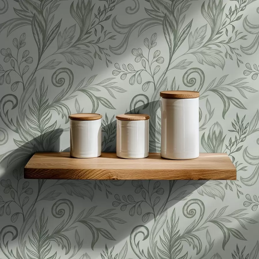 murais de parede Folhas suaves de hortelã enroladas em delicadas linhas cinza-esverdeadas a00935v3