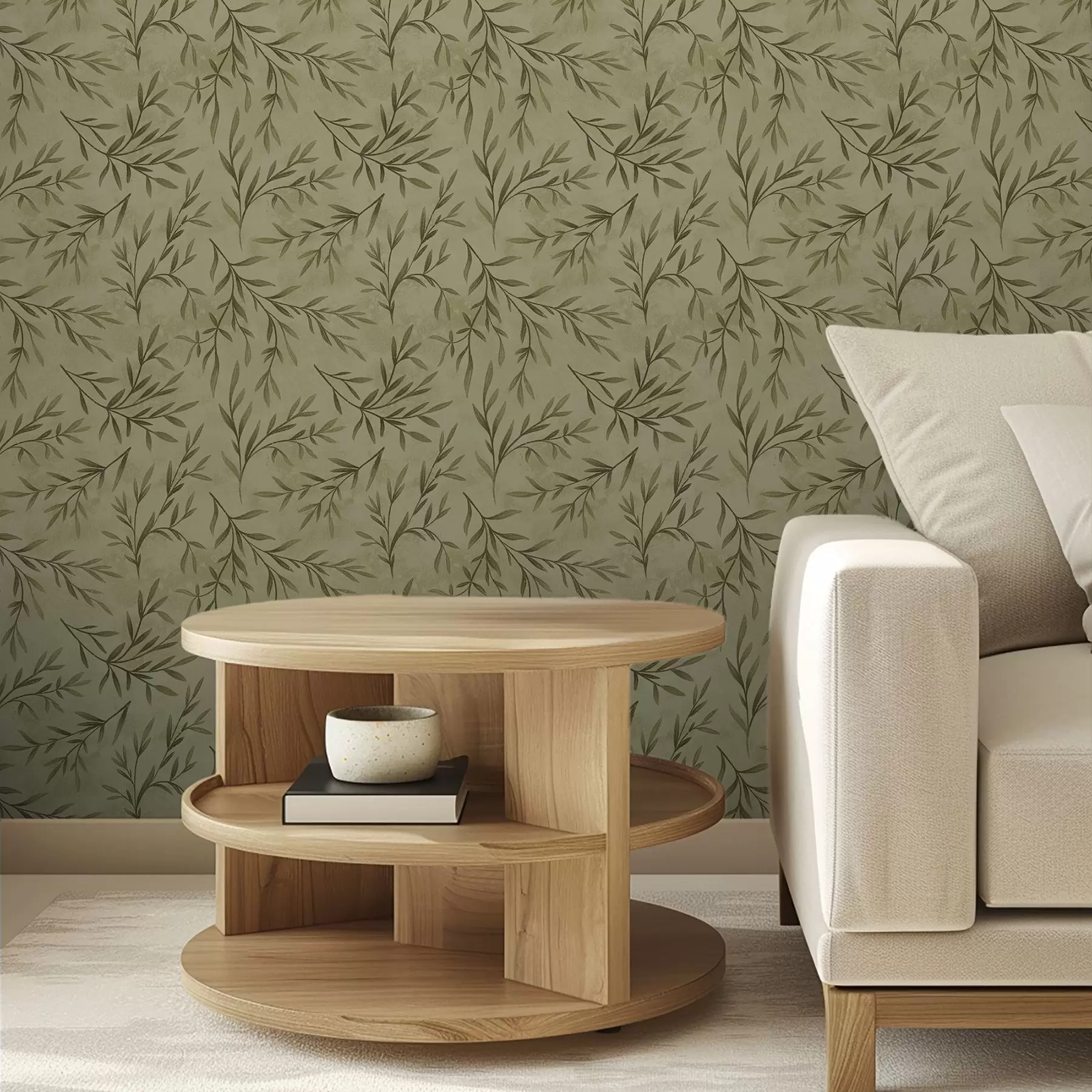 murais de parede Raminhos de oliveira sobre um fundo texturado em tons suaves de amarelo-esverdeado a00936