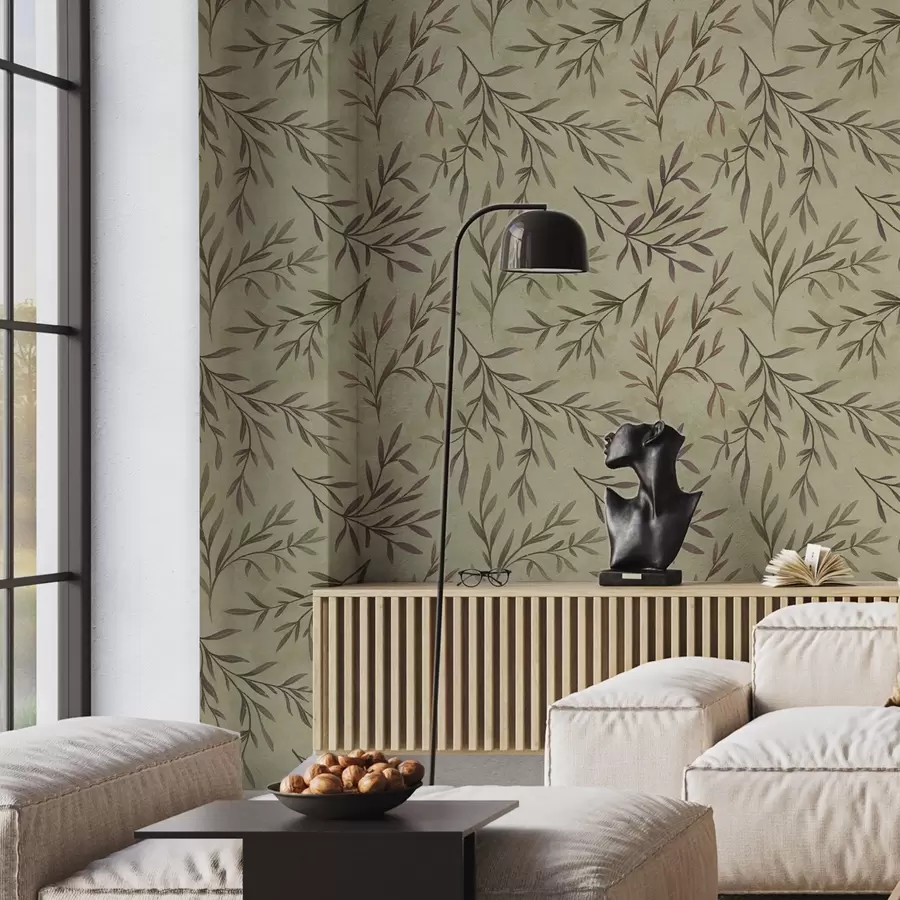 murais de parede Galhos lilás e verdes com folhas sobre um fundo quente a00936v4