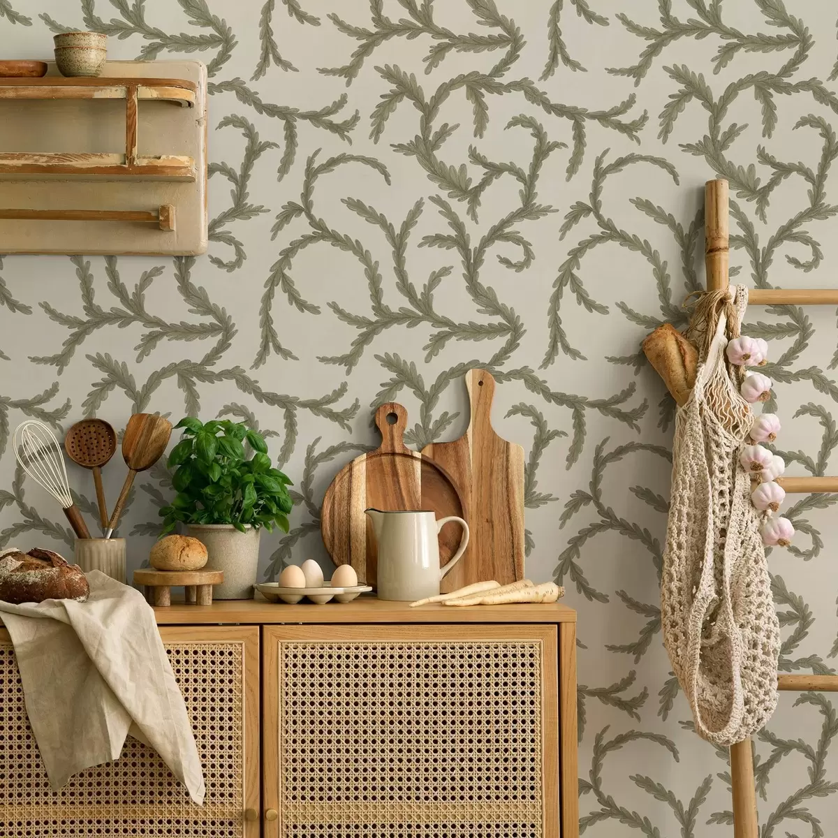 Papel de parede Cachos verdes suaves de coníferas sobre um fundo claro a00938