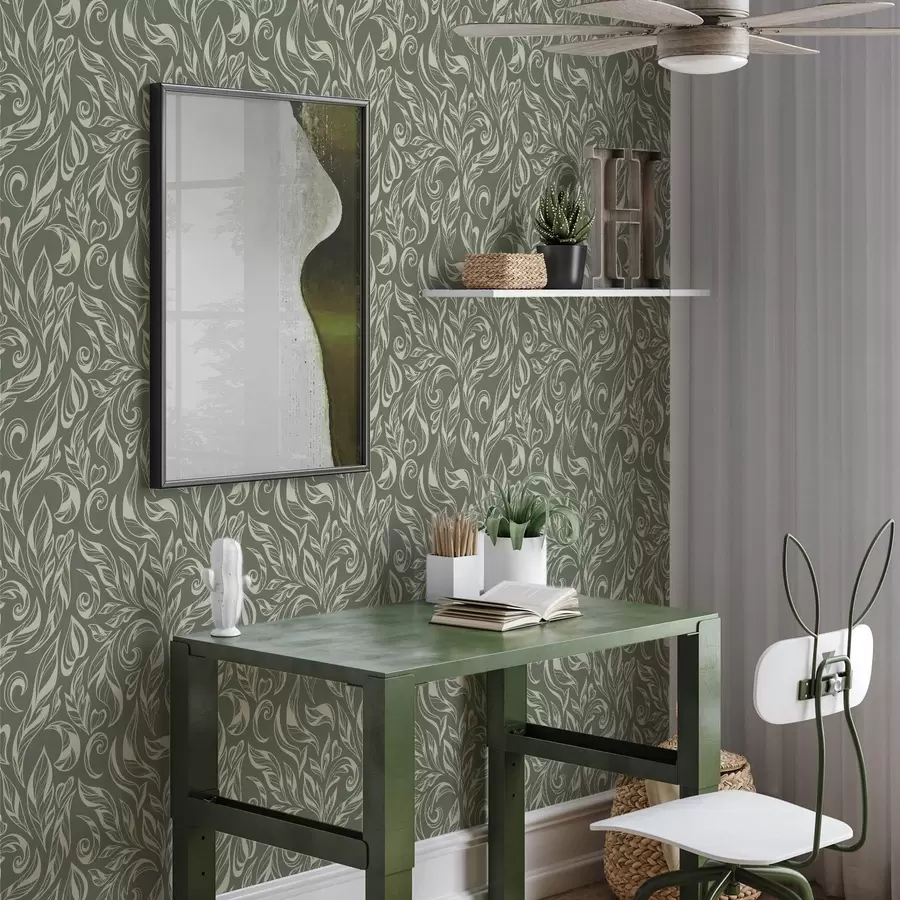 murais de parede Ornamento folhoso creme sobre fundo cinza-esverdeado a00940v2