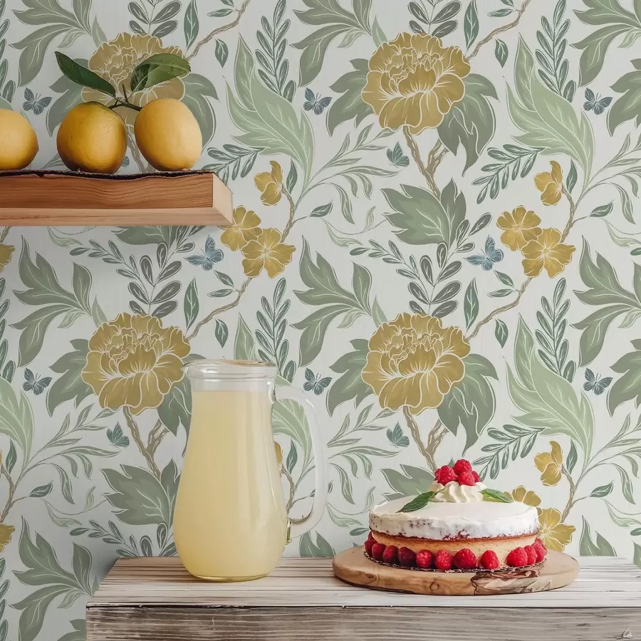 murais de parede Grandes peônias amarelas e folhagem sobre um fundo claro a00941