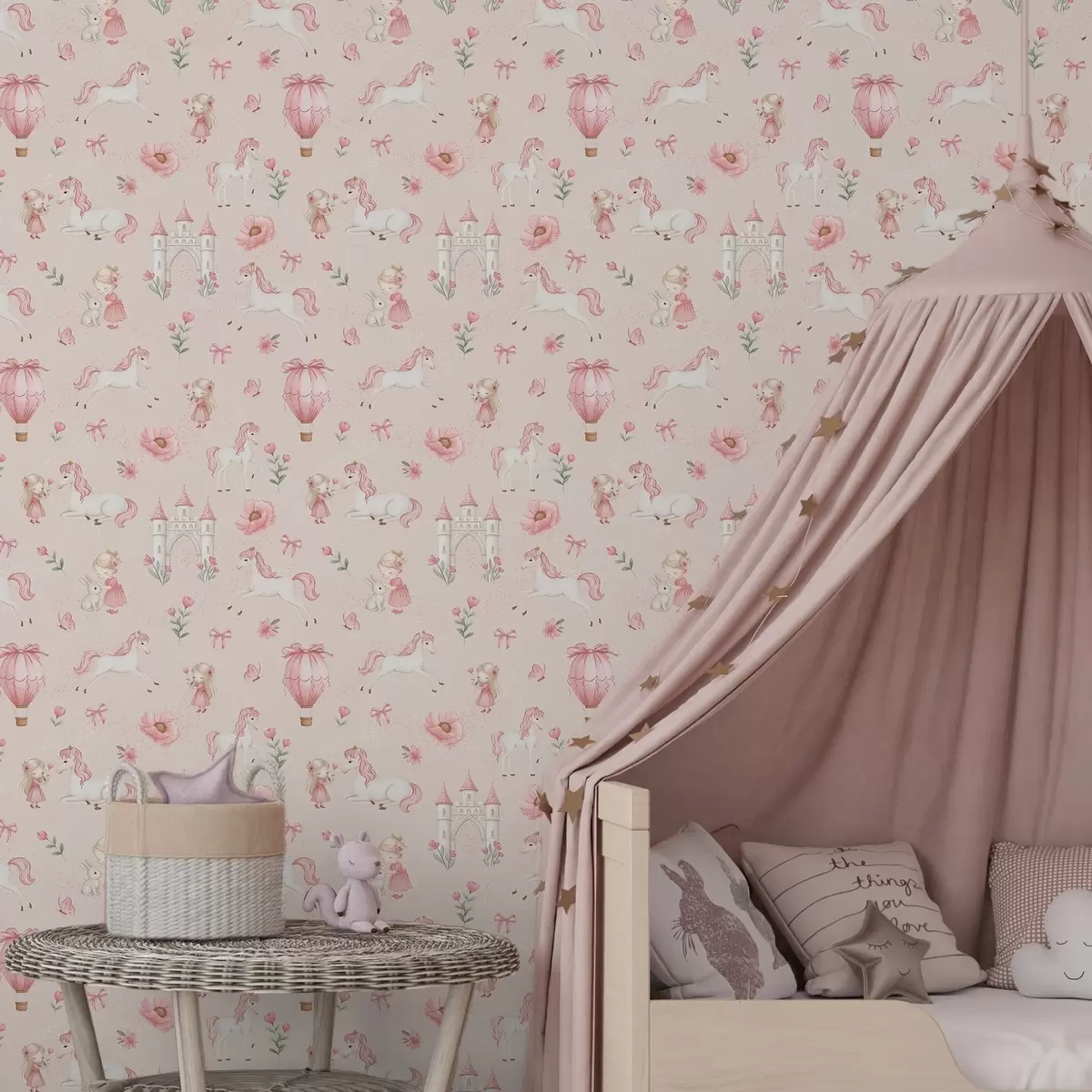 Papel de parede Unicórnios cor-de-rosa, meninas e um castelo sobre um fundo suave a00957