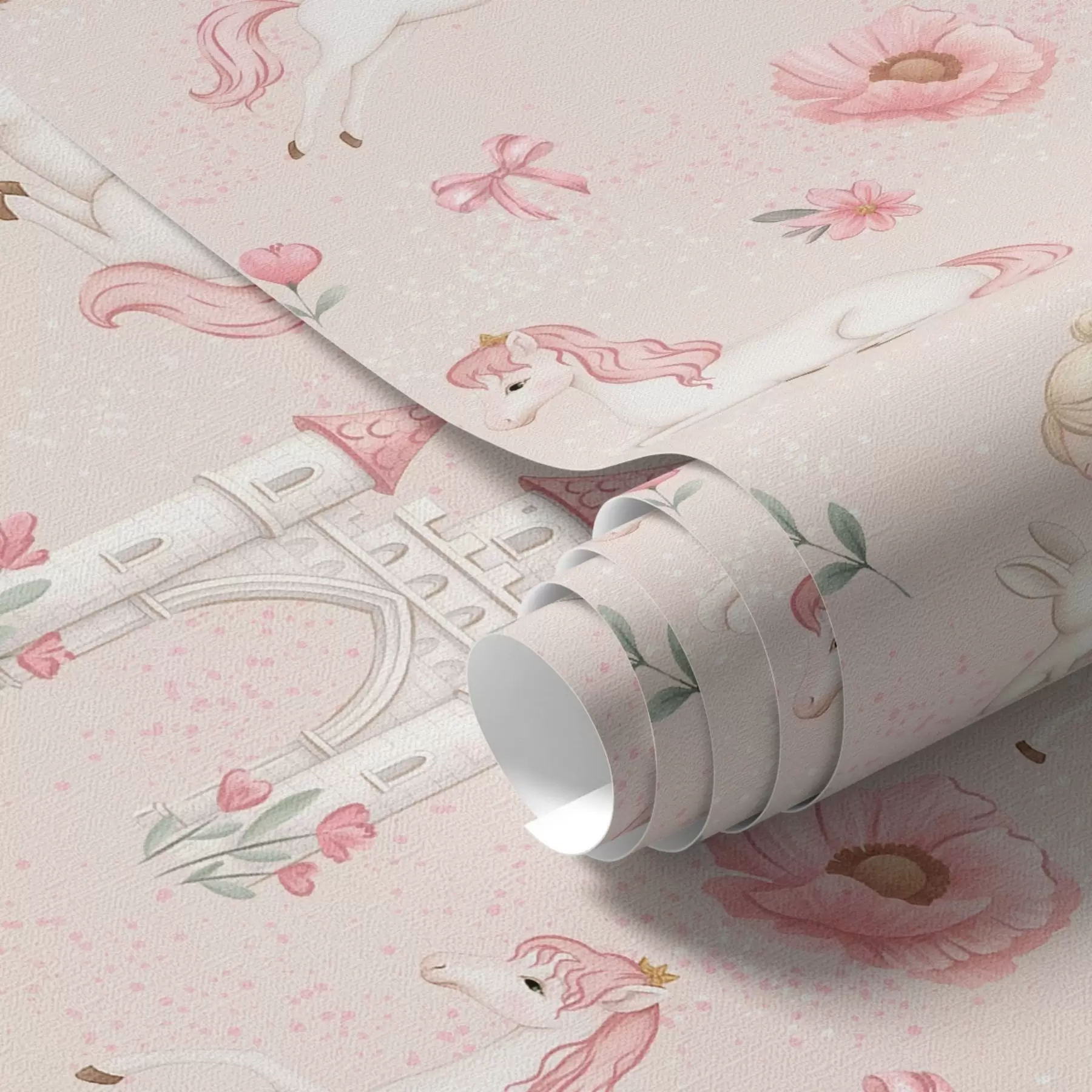 murais de parede Unicórnios cor-de-rosa, meninas e um castelo sobre um fundo suave a00957