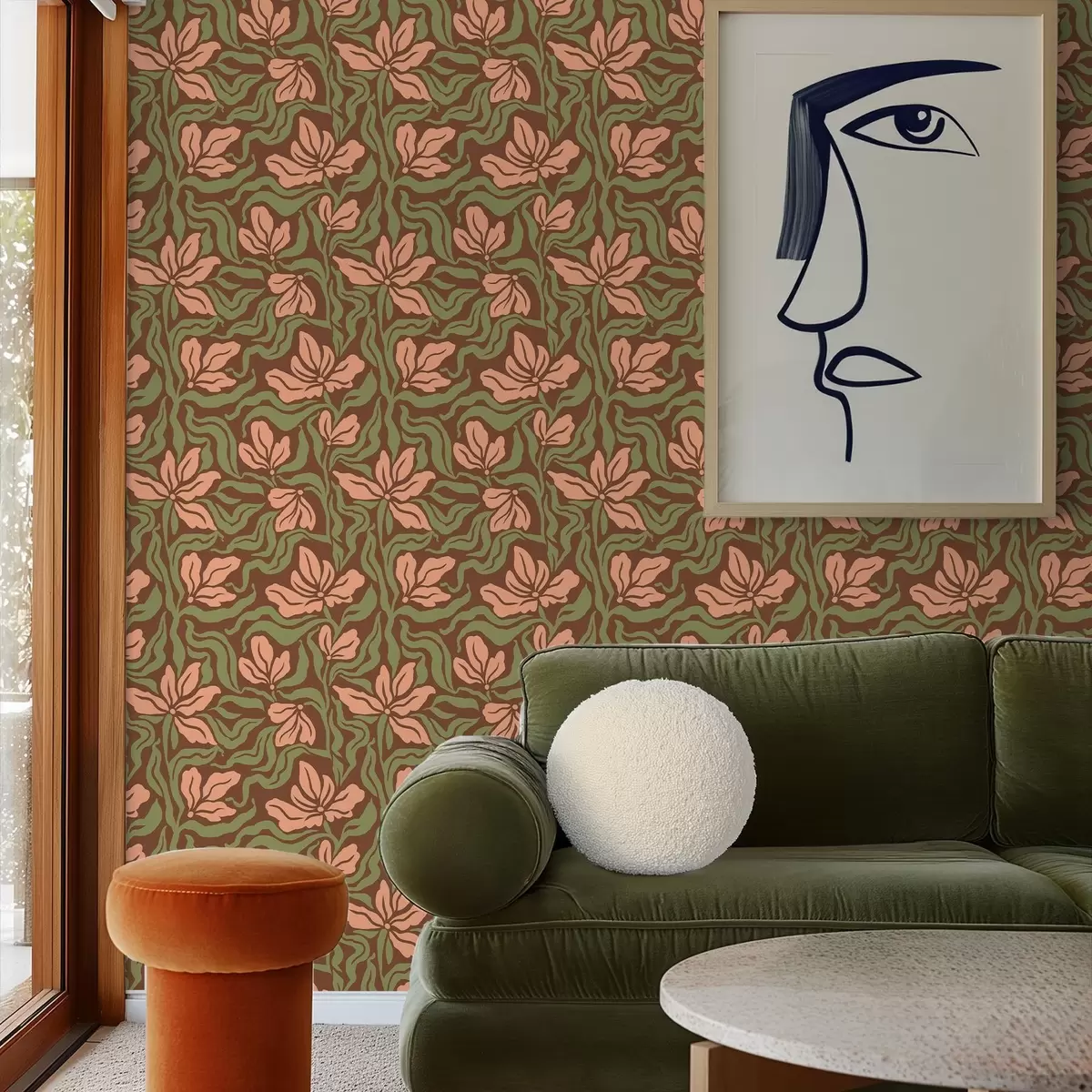 Papel de parede Flores de pêssego e folhagem sobre um fundo castanho escuro a00958v2