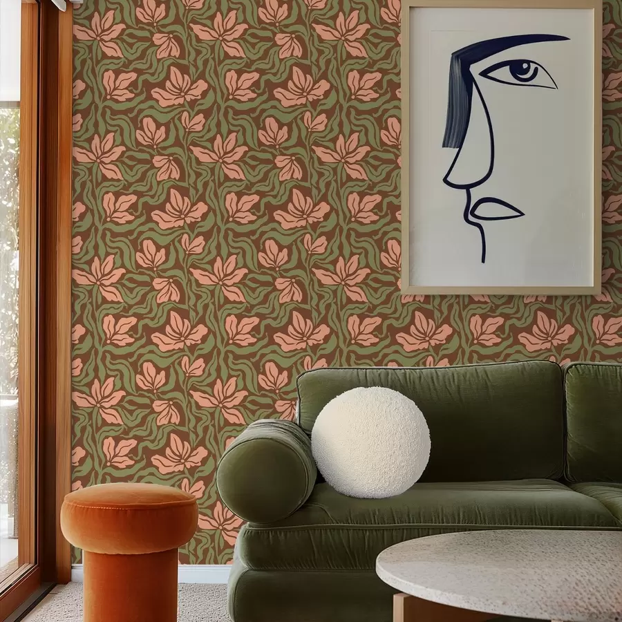 murais de parede Flores de pêssego e folhagem sobre um fundo castanho escuro a00958v2