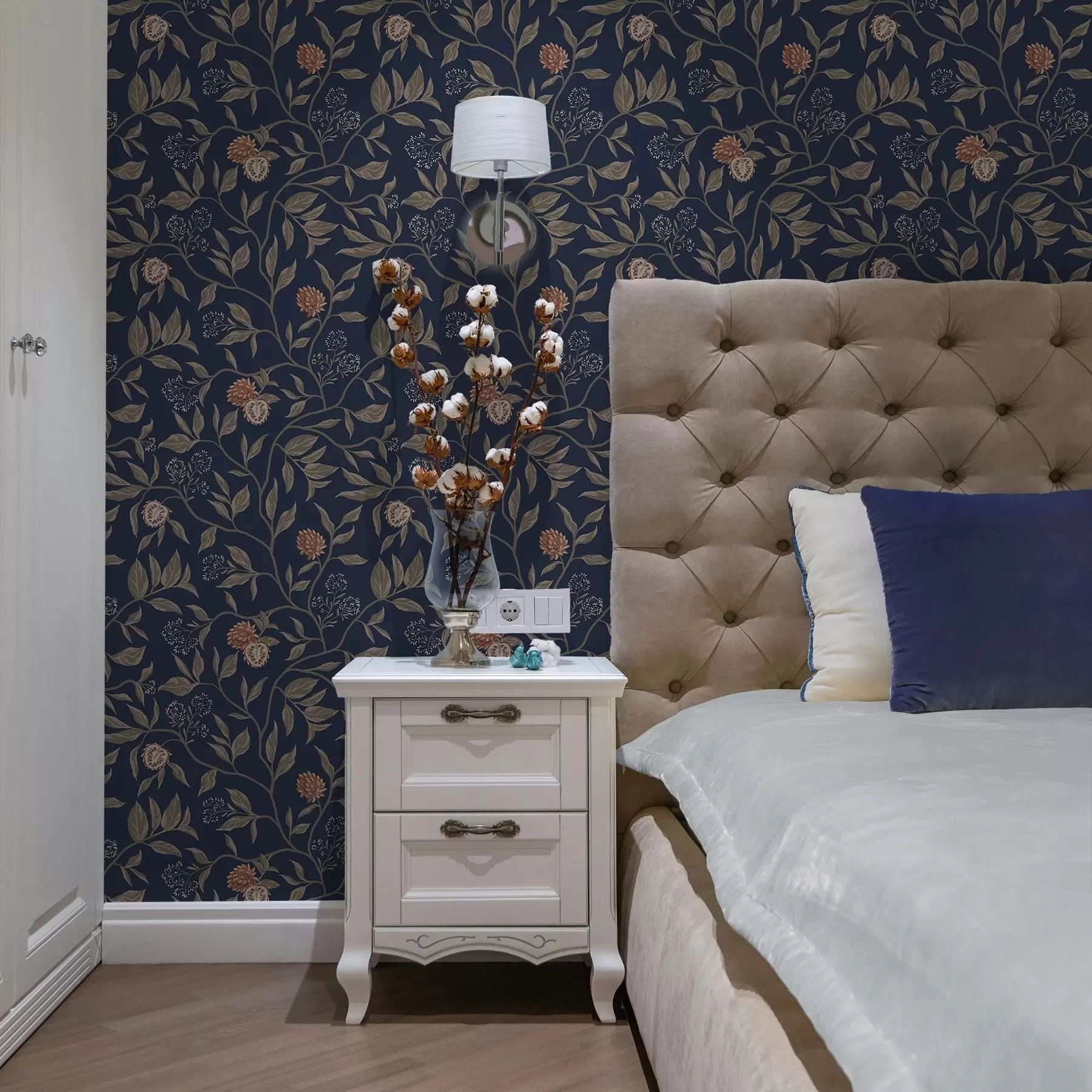 murais de parede Jardim azul com galhos, frutos e pequenas flores a00959