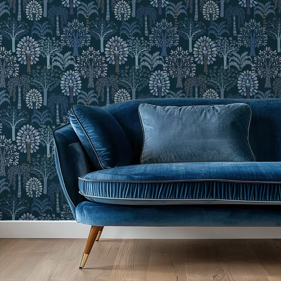 murais de parede Floresta noturna com árvores decorativas em tons de azul a00960v2