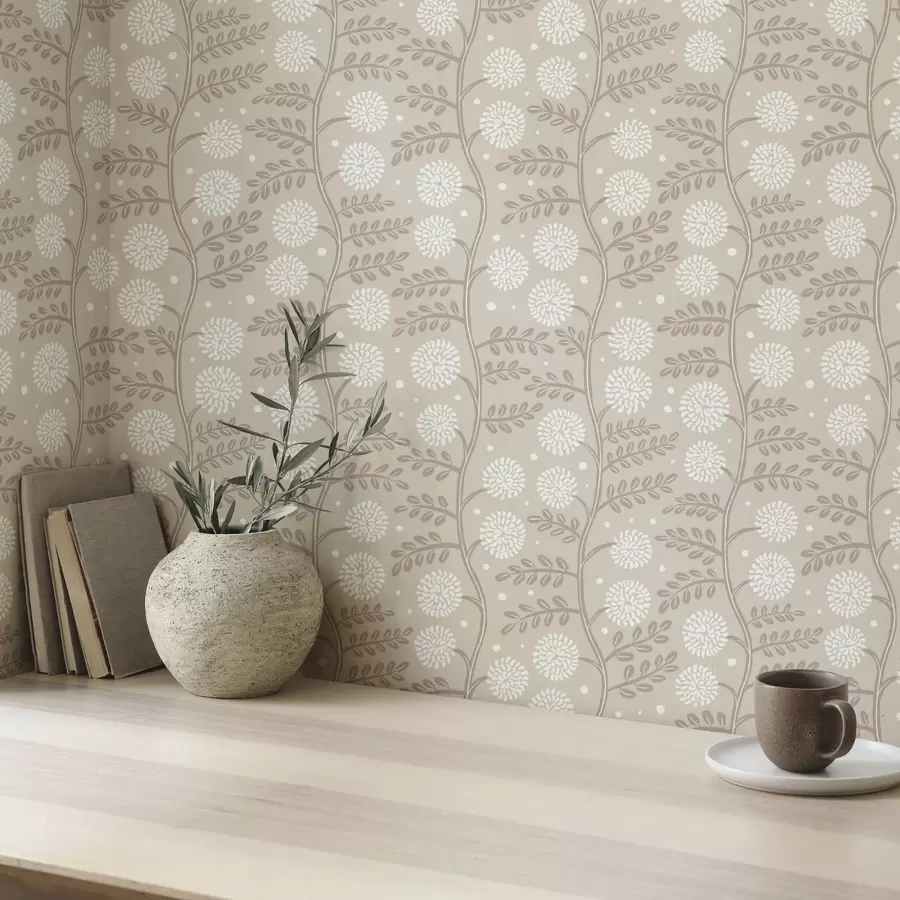murais de parede Caules bege com flores brancas e fofas e pontos suaves a00997