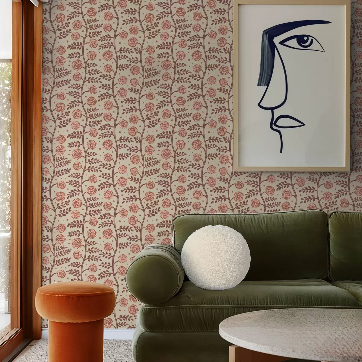 Papel de parede Caules em terracota com flores corais fofas sobre um fundo creme a00997v1