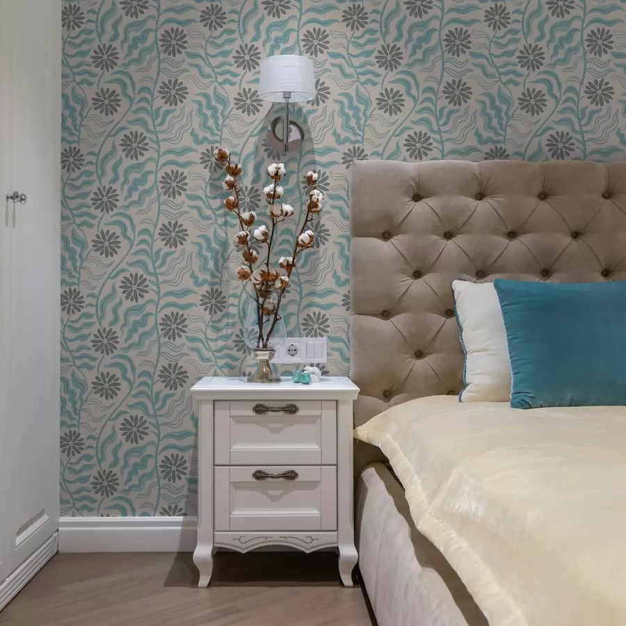 murais de parede Flores abstratas e folhas onduladas em tons suaves de azul a00998v1